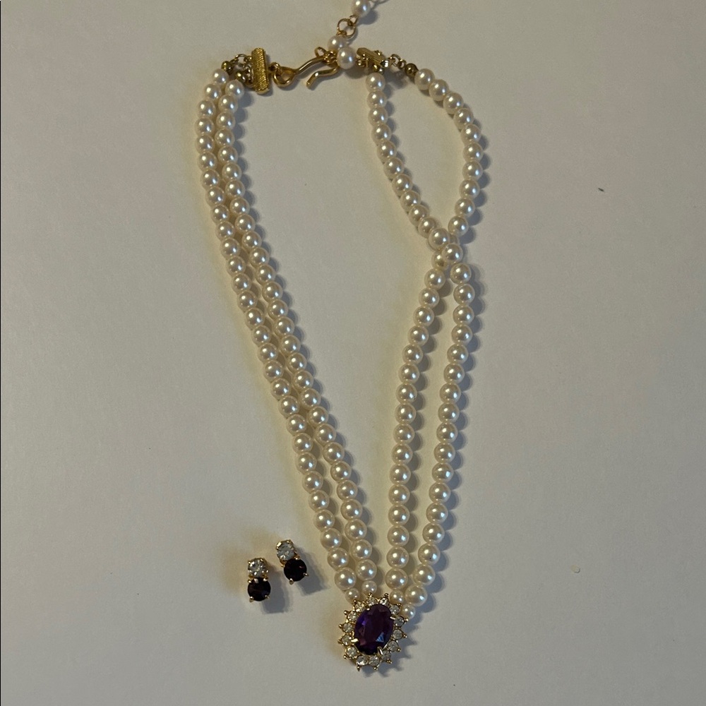 Avon Pearl and Purple Gemstone Necklace Set